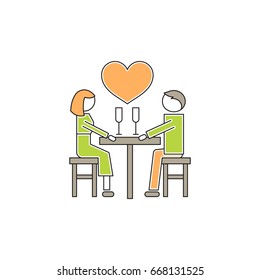 Vector thin line icon, two people in love, romantic dating. Metaphor of amorousness, affection and faithfulness. Man and woman at the table. Colored isolated symbol. Simple mono linear modern design.