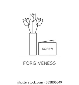 Vector thin line icon, vase with flowers and card with word sorry. Metaphor of forgiveness or mutual understanding. Black on white isolated symbol. Simple mono linear modern design.