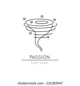 Vector thin line icon, whirlwind with hearts. Metaphor of passion. Logo template illustration. Black on white isolated symbol. Simple mono linear modern design.