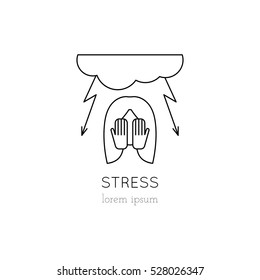 Vector thin line icon, woman hiding face in her hands. Metaphor of fear and stress. Logo template illustration. Black on white isolated symbol. Simple mono linear modern design.