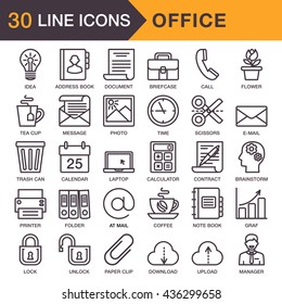 Vector thin line icons. Business workflow items and elements, office things and equipment, management and marketing objects. Set for mobile web, apps, interface design. EPS8.