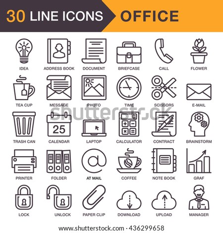 Vector thin line icons. Business workflow items and elements, office things and equipment, management and marketing objects. Set for mobile web, apps, interface design. EPS8.