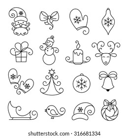  	 Vector thin line icons, Christmas and new year. Set for web design, applications and infographics.