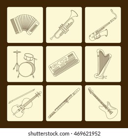 Vector thin line icons with different music instruments: synthesizer, drums, accordion, violin, trumpet, harp, drum, saxophone, electric, guitar, flute, piano