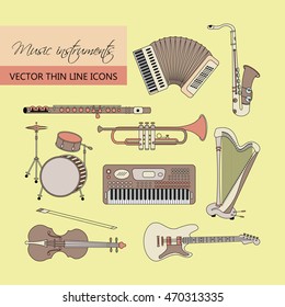 Vector thin line icons with different music instruments: synthesizer, drums, accordion, violin, trumpet, harp, drum, saxophone, electric guitar, flute, piano.