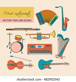 Vector thin line icons with different music instruments: synthesizer, drums, accordion, violin, trumpet, harp, drum, saxophone, electric guitar, flute, piano.