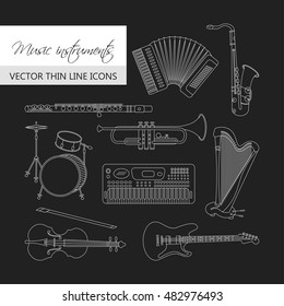 Vector thin line icons with different music instruments: synthesizer, drums, accordion, violin, trumpet, harp, drum, saxophone, electric, guitar, flute, piano