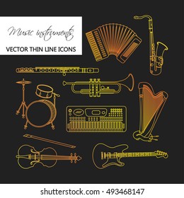 Vector thin line icons with different music instruments: synthesizer, drums, accordion, violin, trumpet, harp, drum, saxophone, electric, guitar, flute, piano