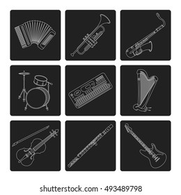 Vector thin line icons with different music instruments: synthesizer, drums, accordion, violin, trumpet, harp, drum, saxophone, electric, guitar, flute, piano