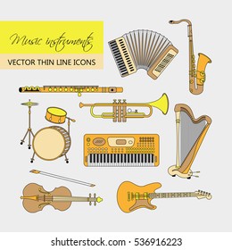 Vector thin line icons with different music instruments: synthesizer, drums, accordion, violin, trumpet, harp, drum, saxophone, electric guitar, flute, piano.