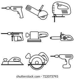 Vector Thin Line Icons for Electric Tools. Editable Line. Collection 24. Linear Symbols Set: Drill, Cutting machine, Jigsaw, Perforator, Grinder, Chain saw, Jointer, Circular saw, Screwdriver.