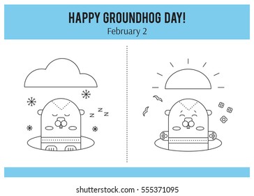 Vector thin line icons, Groundhog day. Marmot looks out of the hole. February 2, tradition of the weather predicting. Simple mono linear modern design.