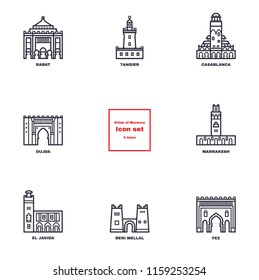 Vector thin line icons of Koutoubia Mosque, Ait Ben Haddou, Hassan II Mosque, Beni Mellal fortress