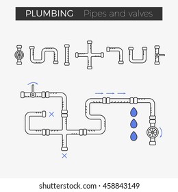 Vector thin line icons of pipes and valves for plumbing and piping work