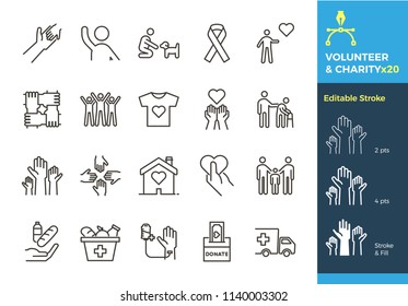 Vector thin line icons related with humanitarian causes - volunteering, adoption, donations, charity, non-profit organizations. The stroke is editable to different sizes and easily changed into flat.