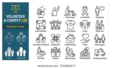 Vector thin line icons related with humanitarian causes - volunteering, adoption, donations, charity, non-profit organizations.djustable stroke and scalable design