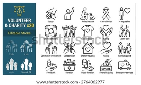 Vector thin line icons related with humanitarian causes - volunteering, adoption, donations, charity, non-profit organizations.djustable stroke and scalable design