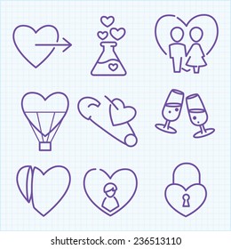 Vector thin line icons set for Saint Valentine's day and love theme. For web design and application interface, also useful for infographics.
