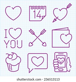 Vector thin line icons set for Saint Valentine's day and love theme. For web design and application interface, also useful for infographics.