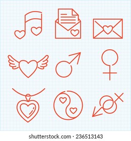 Vector thin line icons set for Saint Valentine's day and love theme. For web design and application interface, also useful for infographics.