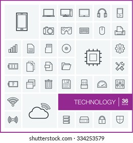 Vector thin line icons set and graphic design elements. Illustration with technology and digital outline symbols. Mobile phone, cloud computing, cogwheel, settings, network and media linear pictogram