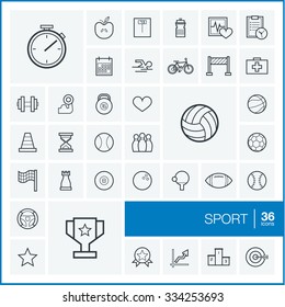 Vector thin line icons set and graphic design elements. Illustration with sport and fitness outline symbols. Ball, game, cup medal, trophy, football, volleyball linear pictograms.
