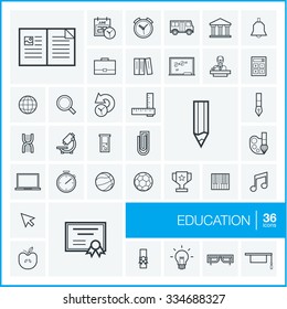 Vector thin line icons set and graphic design elements. Illustration with education, online learning, think outline symbols. Book, microscope, calculator, pen, elearning, teacher linear pictogram