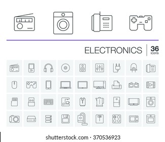 Vector thin line icons set and graphic design elements. Illustration with electronics, multimedia and technology outline symbols. Music, film, phones, joystick, video, kitchen gadgets linear pictogram