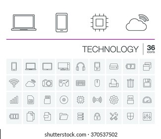 Vector thin line icons set and graphic design elements. Illustration with technology and digital outline symbols. Mobile phone, cloud computing, cogwheel, settings, network and media linear pictogram