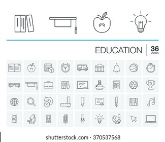 Vector thin line icons set and graphic design elements. Illustration with education, online learning, think outline symbols. Book, microscope, calculator, pen, elearning, teacher rounded pictogram