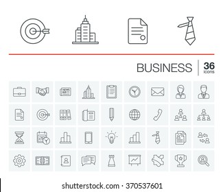 Vector thin line icons set and graphic design elements. Illustration with business and management outline symbols. Marketing research, strategy, service, career, mission, analytics linear pictogram