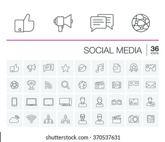 Vector thin line icons set and graphic design elements. Illustration with social media and digital technology outline symbols. Like, speech bubble, avatar, computer, web, mobile linear pictogram