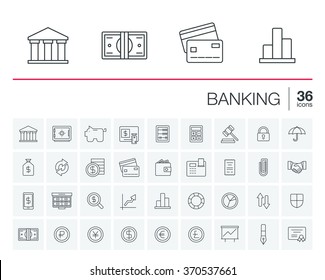 Vector thin line icons set and graphic design elements. Illustration with banking and finance outline symbols. Bank, card, wallet, coin, safe, money bag, cash, dollar, euro, pound linear pictogram svg