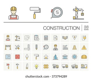 Vector thin line icons set and graphic design elements. Illustration with construction, industrial, architectural, engineering outline symbols. Home repair tools, worker, building color pictogram