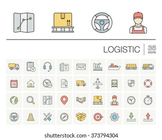 Vector thin line icons set and graphic design elements. Illustration with Logistic, delivery business, distribution outline symbols. Service, export, shipping, transport color pictogram