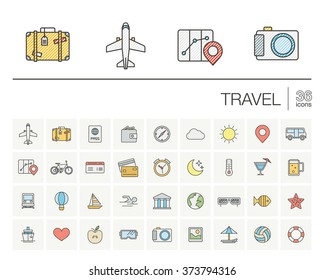 Vector thin line icons set and graphic design elements. Illustration with travel, tourism outline symbols. Planning, summer, vacation, airplane, map, luggage, sunglasses color pictogram