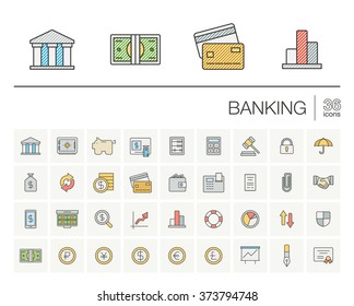 Vector thin line icons set and graphic design elements. Illustration with banking and finance outline symbols. Bank, card, wallet, coin, safe, money bag, cash, dollar, euro, pound color pictogram