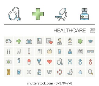 Vector thin line icons set and graphic design elements. Illustration with medical, medicine and healthcare outline symbols. Dentist, health, ambulance, care, doctor, pills, cross color pictogram