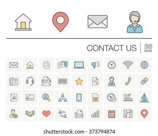 Vector thin line icons set and graphic design elements. Illustration with contact us outline symbols. Communication, home, call, speech bubble, email, letter, envelope, handshake color pictogram