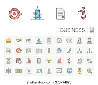 Vector thin line icons set and graphic design elements. Illustration with business and management outline symbols. Marketing research, strategy, service, career, mission, analytics color pictogram