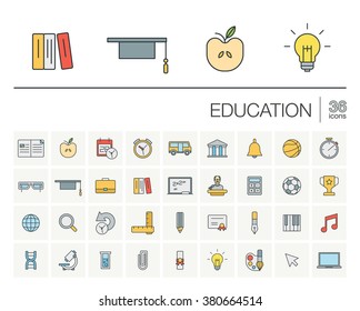 Vector thin line icons set and graphic design elements. Illustration with education, online learning, think outline symbols. Book, microscope, calculator, pen, elearning, teacher linear pictogram