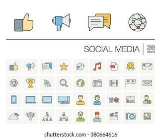 Vector thin line icons set and graphic design elements. Illustration with social media and digital technology outline symbols. Like, speech bubble, avatar, computer, web, mobile linear pictogram