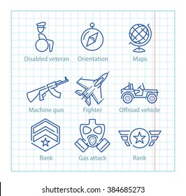 Vector Thin Line Icons Set For Military Infographics, Mobile Game UX,UI On Paper Background