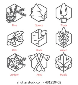  Vector thin line icons set with trees for nature and ecology infographics and UX UI kit