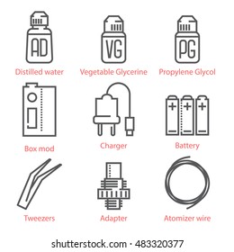 Vector thin line icons set with vaping accessories and equipment for infographics and UX UI kit