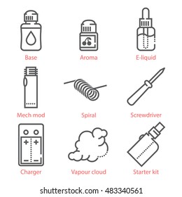 Vector thin line icons set with vaping accessories and equipment for infographics and UX UI kit