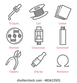 Vector thin line icons set with vaping accessories and equipment for infographics and UX UI kit