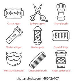 Vector thin line icons set with barber shop equipment and accessories for infographics and UX UI kit
