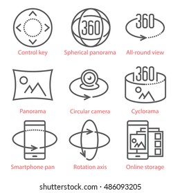 Vector thin line icons set with 360 Degree View and, Panorama tools and applications. For infographics and UX UI mobile kit.