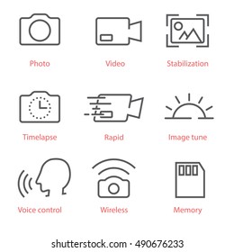 Vector thin line icons set with photo and video pictograms for infographics, manuals, ux ui kit and mobile applications